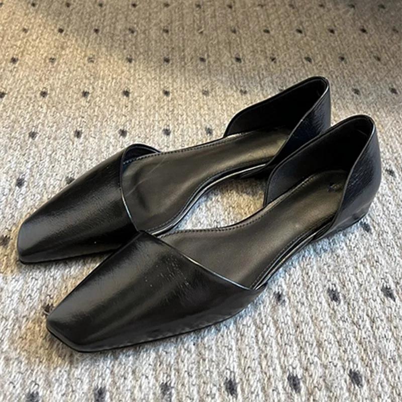 Wysokiej Jakości Retro Skórzane Płaskie Buty Damska Moda Skośny Kwadratowy Nosek Puste Mulesy Sandały Projektant Wygodne Baleriny Mokasyny