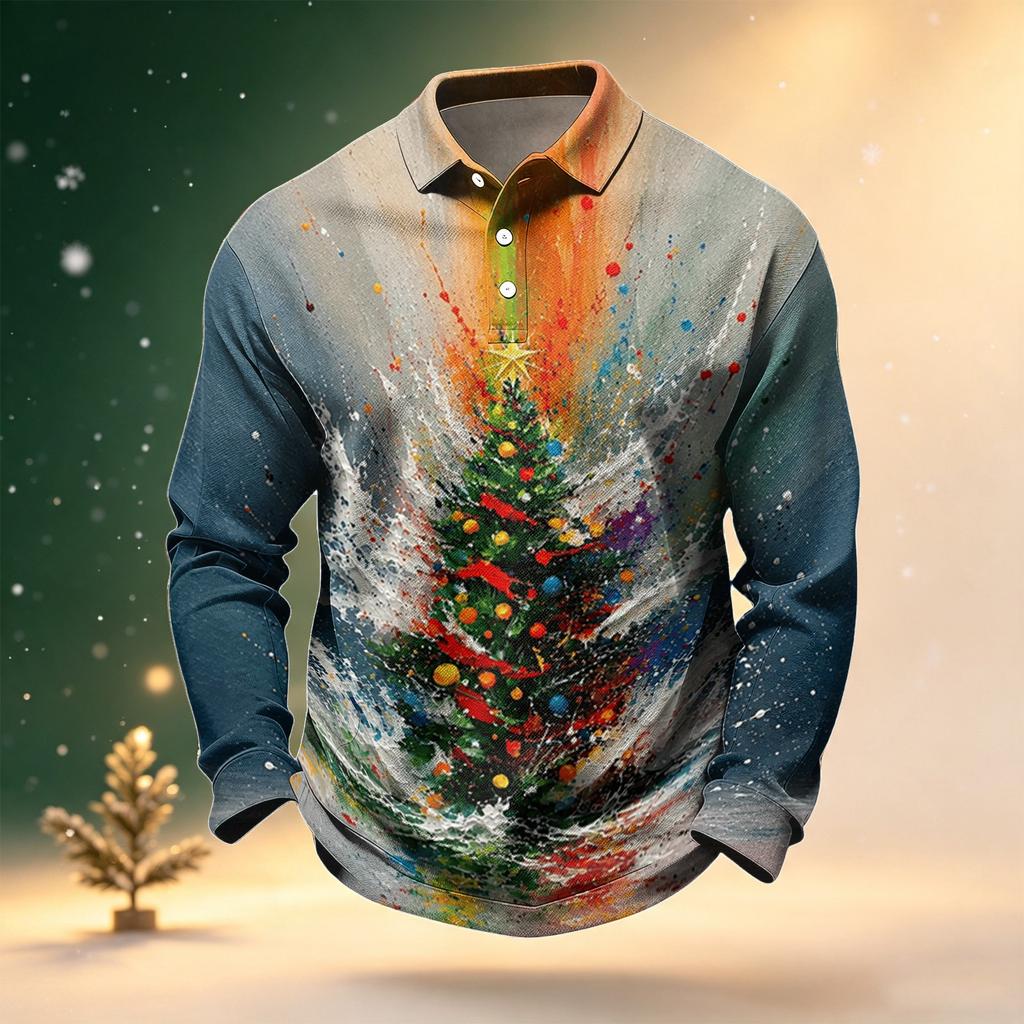 Men's Golf Shirt Long Sleeve Casual Christmas Print Quick-Dry Mesh Top