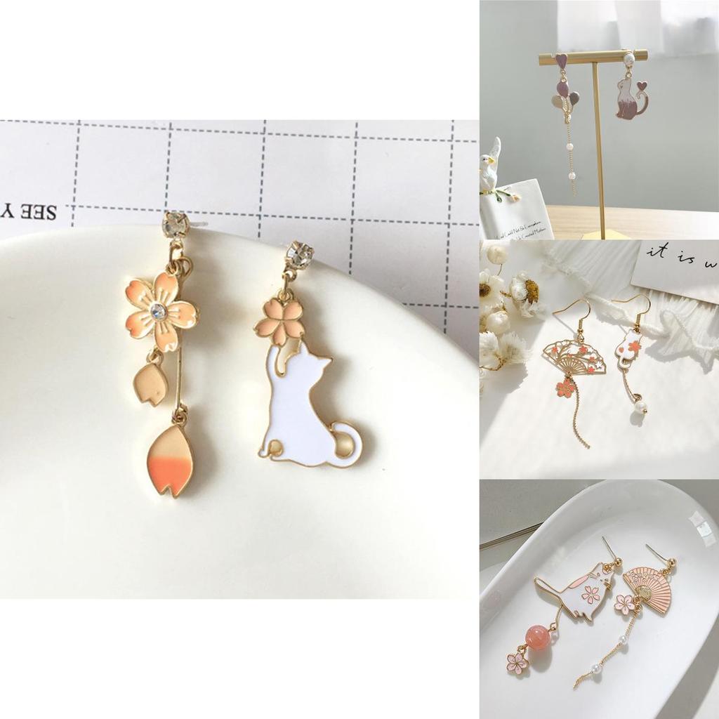 Boucles d'oreilles éventail style ancien Fleur de chat avec pompons asymétriques pour femmes