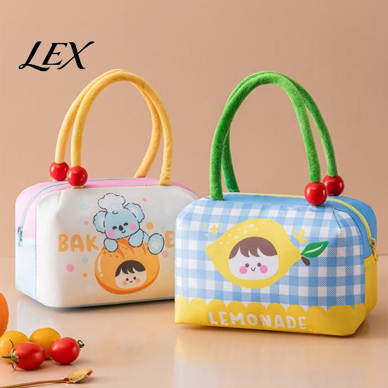 Fashionable School Lunch Organizer Insulated Bag with Reinforced Handle, Cartoon Pattern Print, Portable Cute Fruit Print Handbag Large Capacity Food