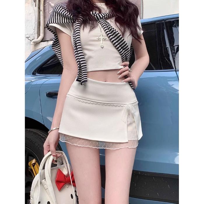 Bowknot Sweet Lace Patchwork High-Waisted A-Line Skirt - Summer Spicy Style Anti-Exposure Hip-Hugging Short Skirt for Women.