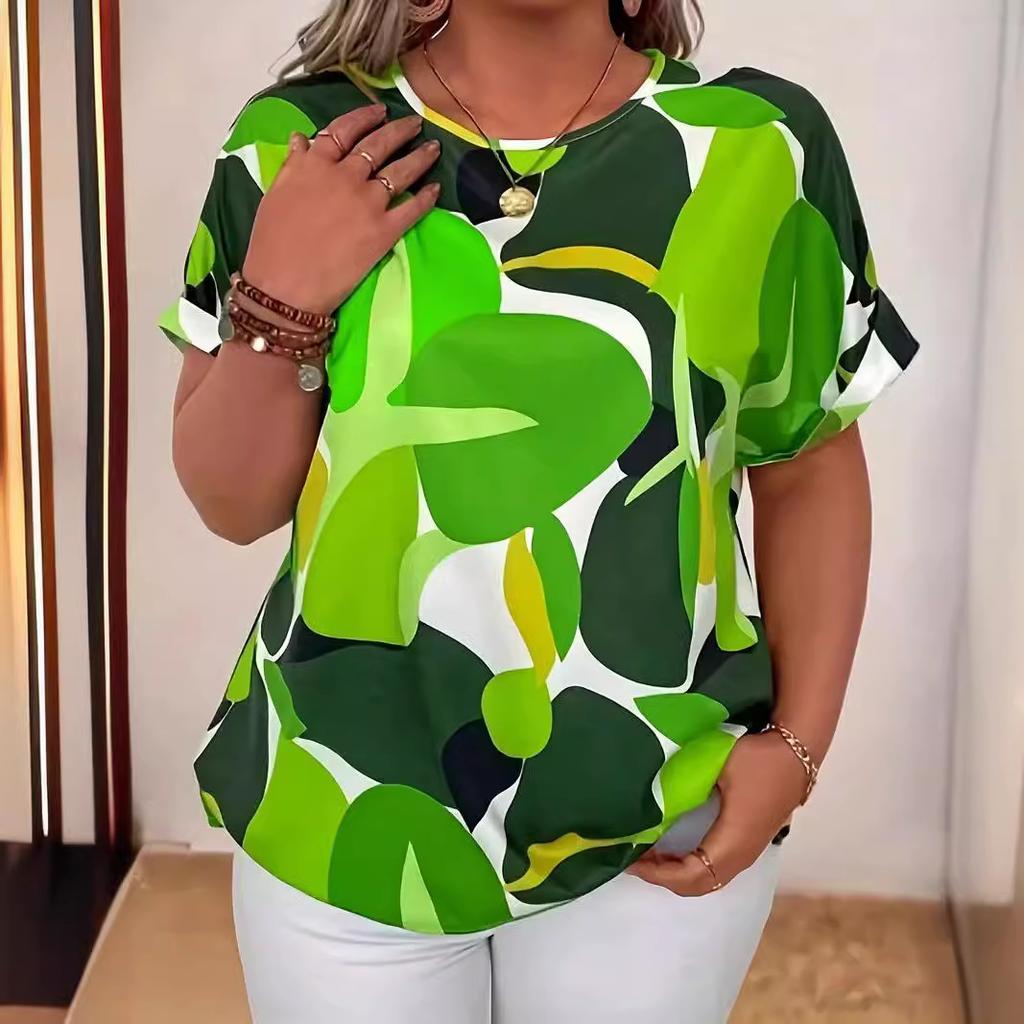 Damski T-shirt z krótkim rękawem z nadrukiem 3D roślin i kwiatów, odzież z okrągłym dekoltem, luźny T-shirt plus size