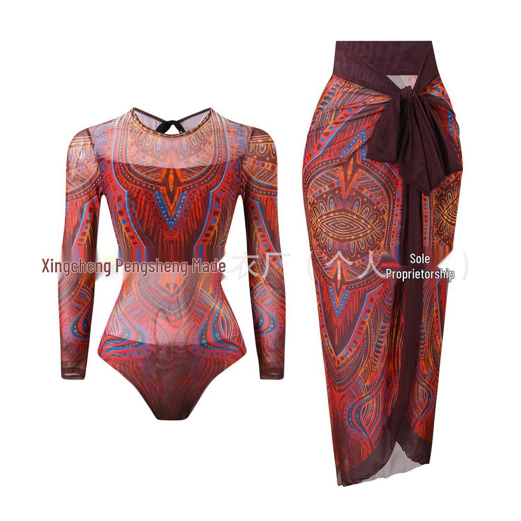 Women's Long Sleeve Mesh Sun Protection One-Piece Swimsuit with Skirt