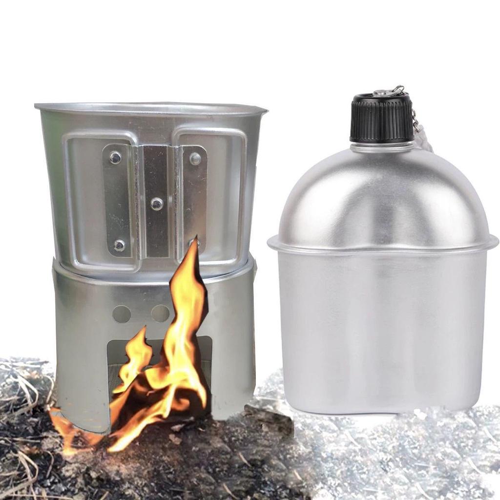 Outdoor Military Water Bottle & Survival Gear Set - Portable Tactical Lunch Box & Alcohol Stove (4-Piece)