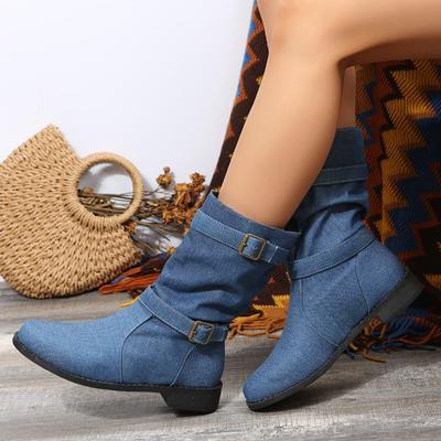European and American Women's Boots 2024 New Design Sense Denim Belt Buckle Round Head Mid Tube Women's Shoes Zapatos De Mujer