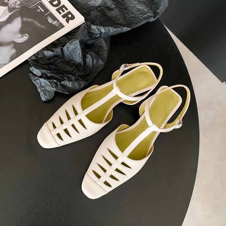Korean Version T-shaped Rear Hollow Flat Heel Bag Head Sandals 2025 Summer New Women's Shoes Cowhide Square Head Hollow Shoes Women's Sandals