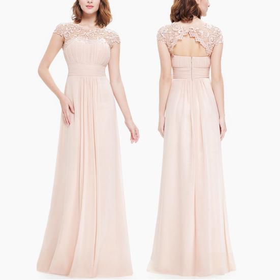 Rochie Lungă de Petrecere cu Dantelă cu Strasuri pentru Femei, cu Mâneci Scurte, Decolteu Adânc la Spate, Croială Slim Fit, Plisată