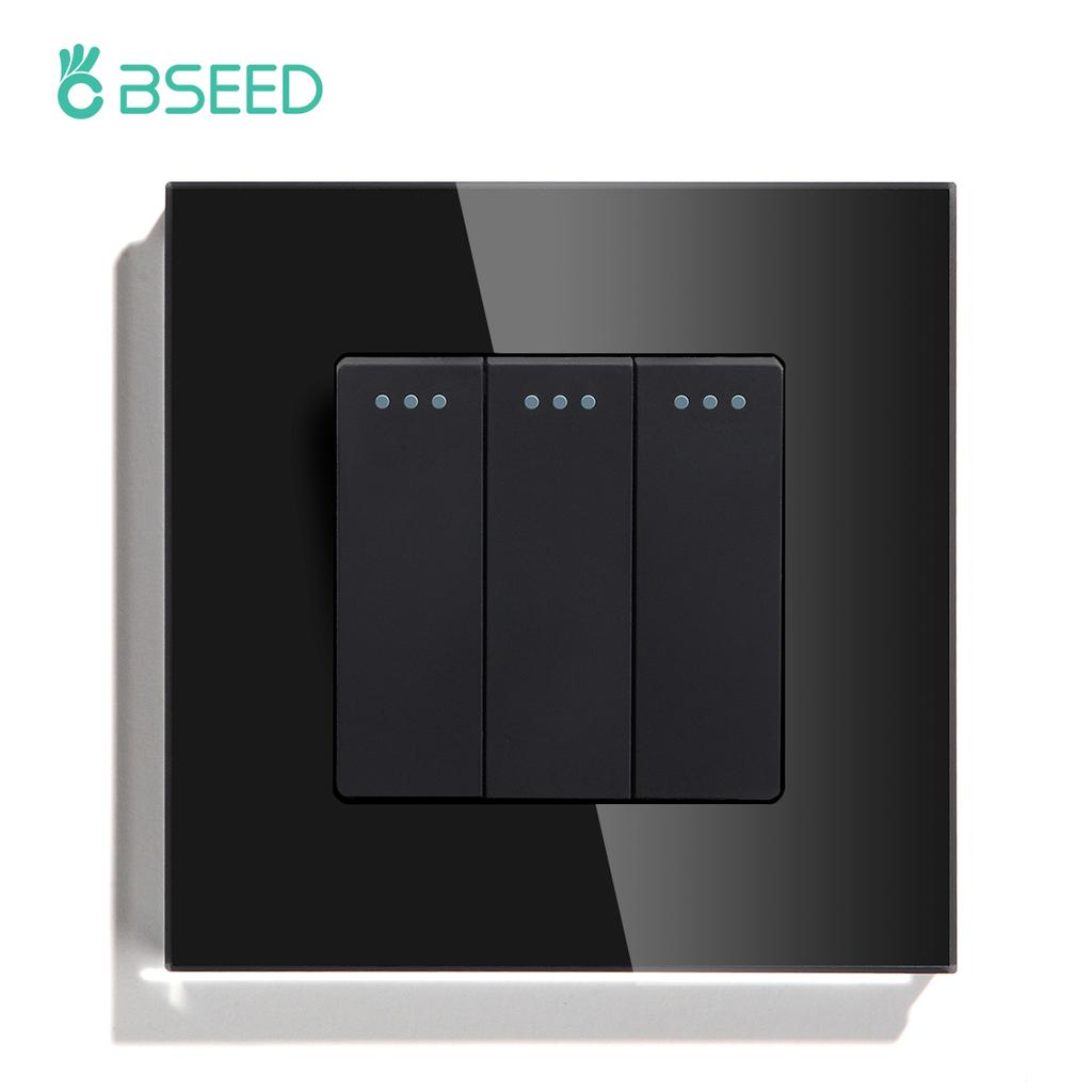 BSEED 1/2/3Gang  Mechanical Button Switch Wall Light Switches 1Way Led Lamp Switch On Off Glass Panel EU Standard 10A