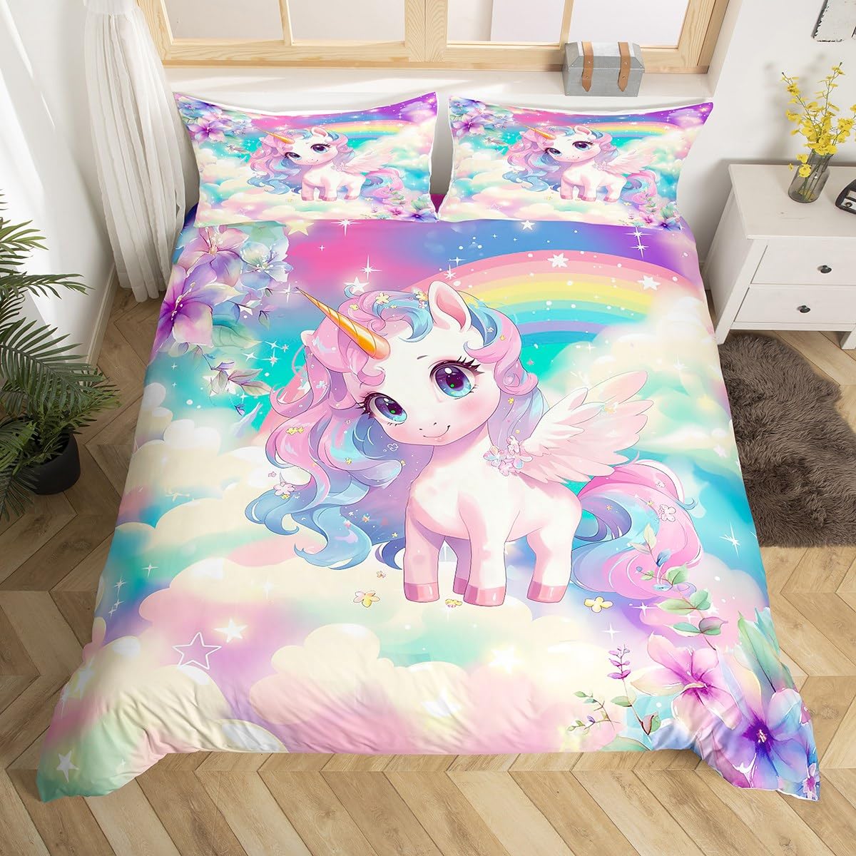 Rainbow Clouds Duvet Cover Sets for Kids Boys Girls Queen King Size Lightweight Quilt Covers Colorful Cartoon Cute Bedding Sets (135x200cm)