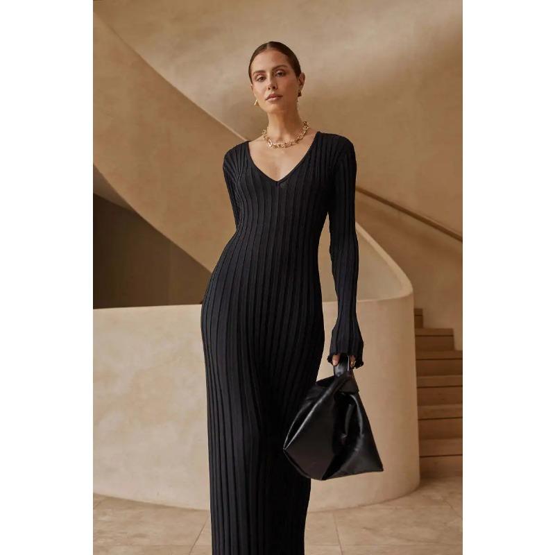 Rib-knit Side Split Maxi Dress Women Solid Color V-neck Slim Fit Robes Autumn Chic Office Lady Commuter Long Dresses