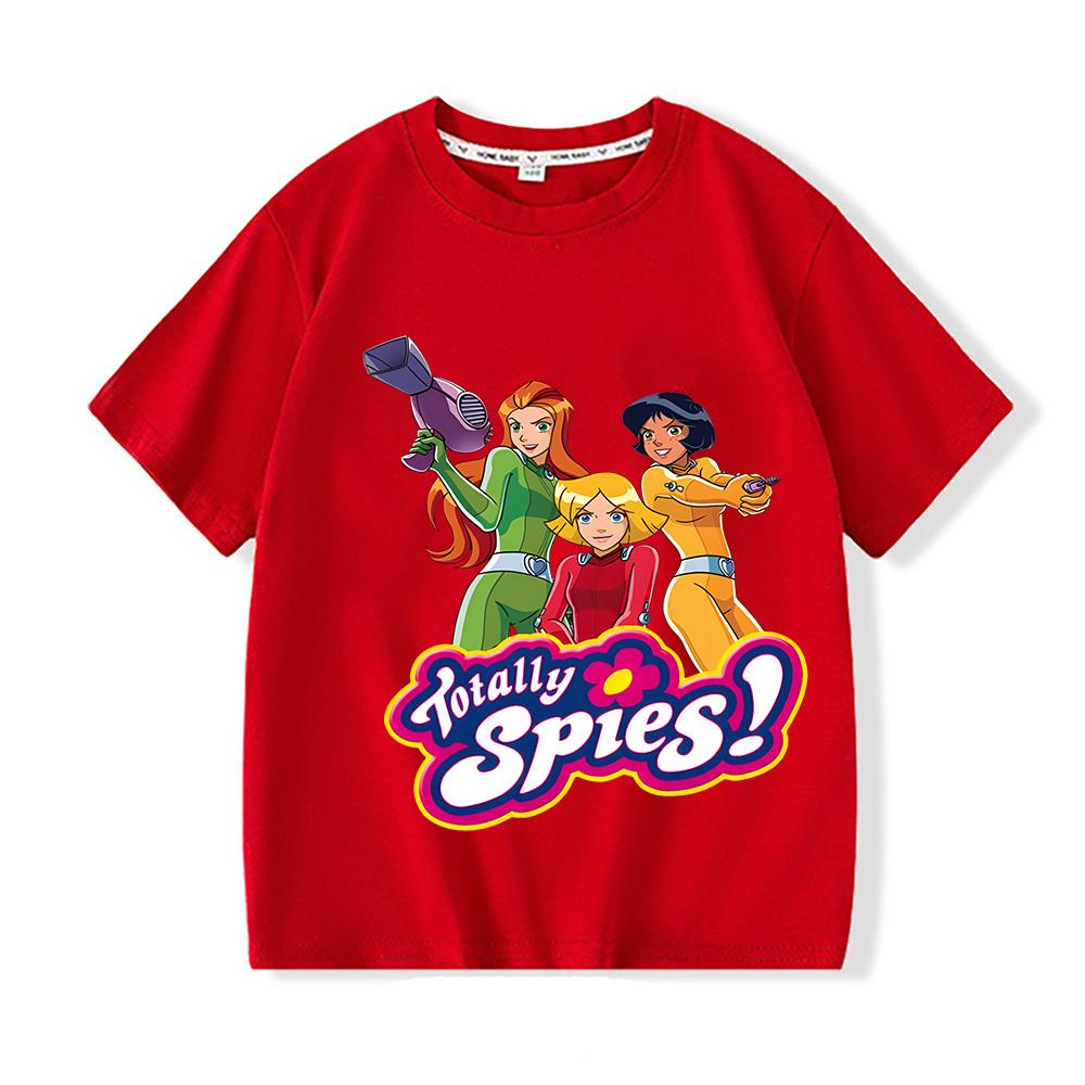 

Футболки с мультяшным принтом Totally Spies, летняя аниме-футболка с графикой, хлопковые футболки с коротким рукавом для детей, одежда для девочек/мальчиков 100 красный