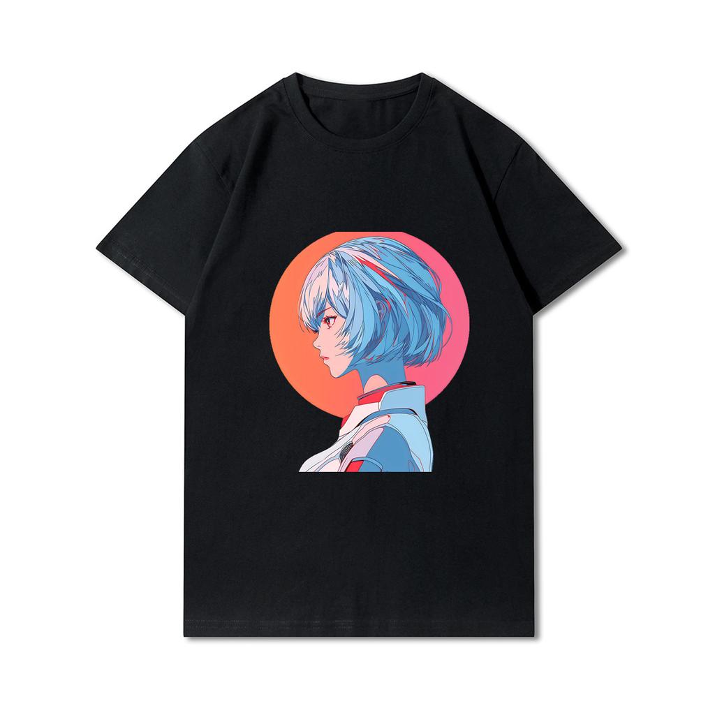 Summer Evangelion Printed Unisex T Shirts Round Neck Cotton Oversize Tops Anime Casual Black Tees