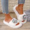 Fashion Fashion Flower Decoration Faux Fur Slides Women 2025 Autumn Round Toe Low Heel Slippers Soft Sole Short Plush Outdoor Slippers