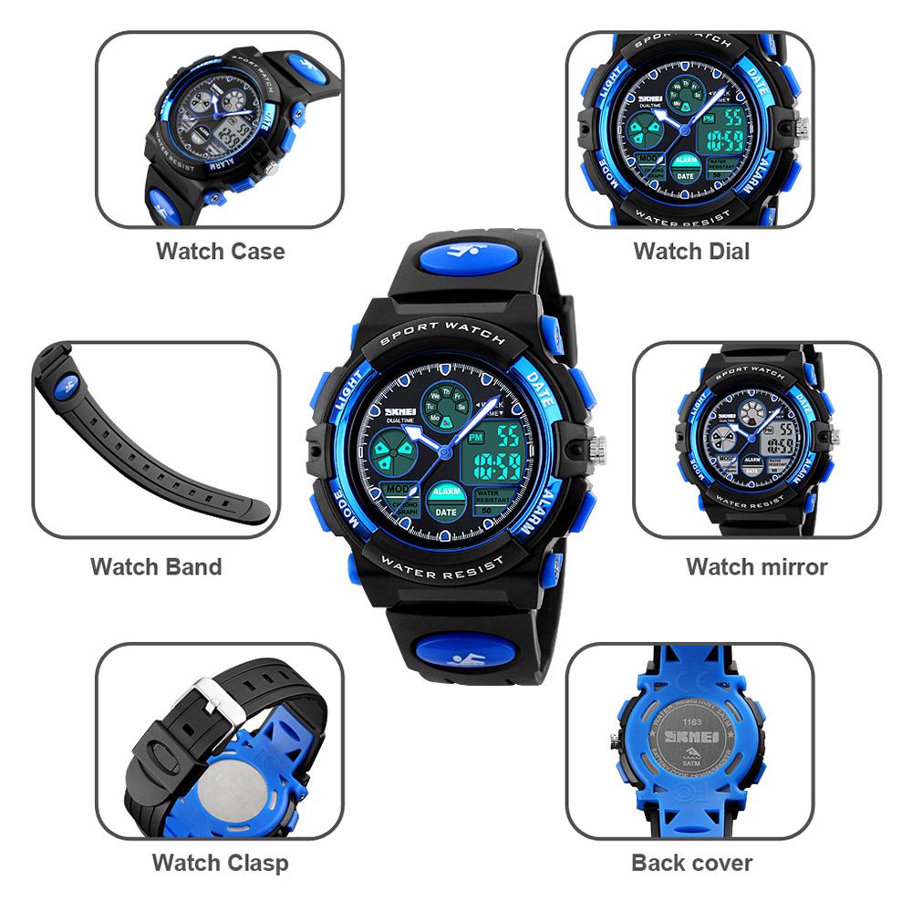 1163 Uhren Kinder Outdoor Sport Kinderuhr Digital Quarz Armbanduhr für Jungen Mädchen Uhren mit PU-Armband Band Alarm LED Leuchtend Wasserdicht