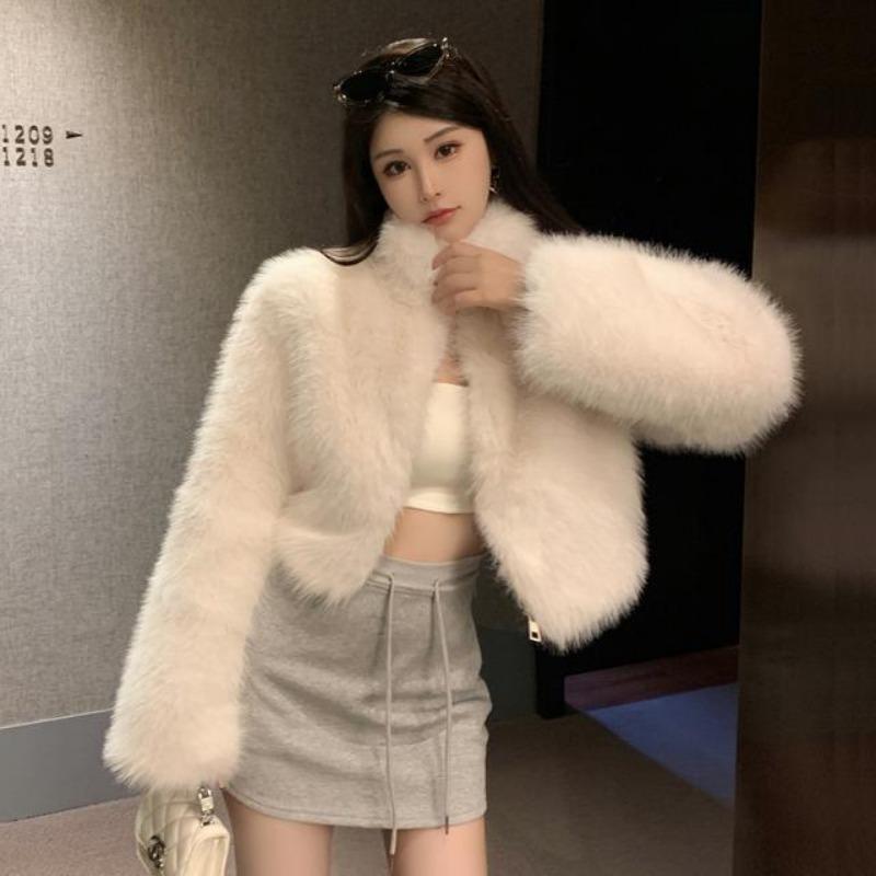 

Осень и зима новая Тока экологичная шуба женская высококлассная плюшевая короткая стойка воротник маленький топ S белый