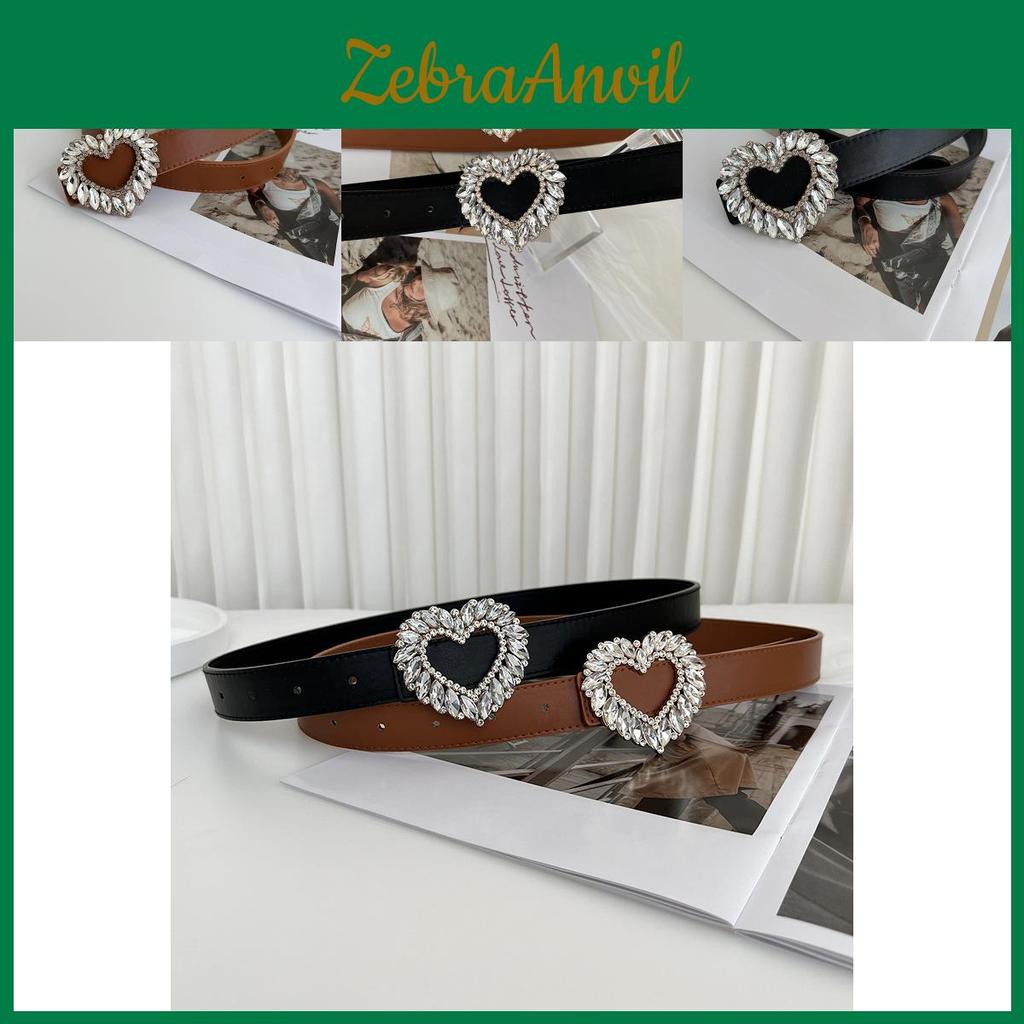 Elegant Women's Pu Leather Belt With Heart Shaped Buckle And Rhinestone Embellishments