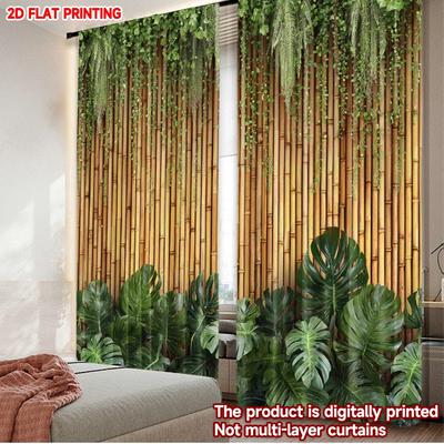 2pcs Bamboo Plant Curtains Digital Printing   Natural Green Brown Zen Style with Leaf Pattern for Living Room Bedroom Decor