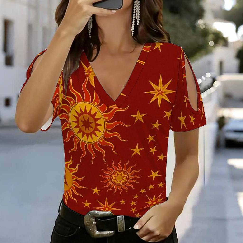 Women V Neck Cold Shoulder Blouse Black Background Colorful Star Print Short Sleeve Top