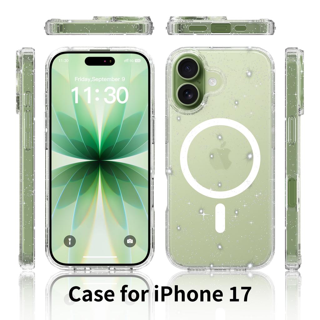 Mag Safe Phone Cover for Magsafe Iphone 17 Pro Max Air 17Pro Iphone17 16 Plus 16E 15 14 Pro 13 Pro Anti-Yellowing Clear Glitter Case Accessories