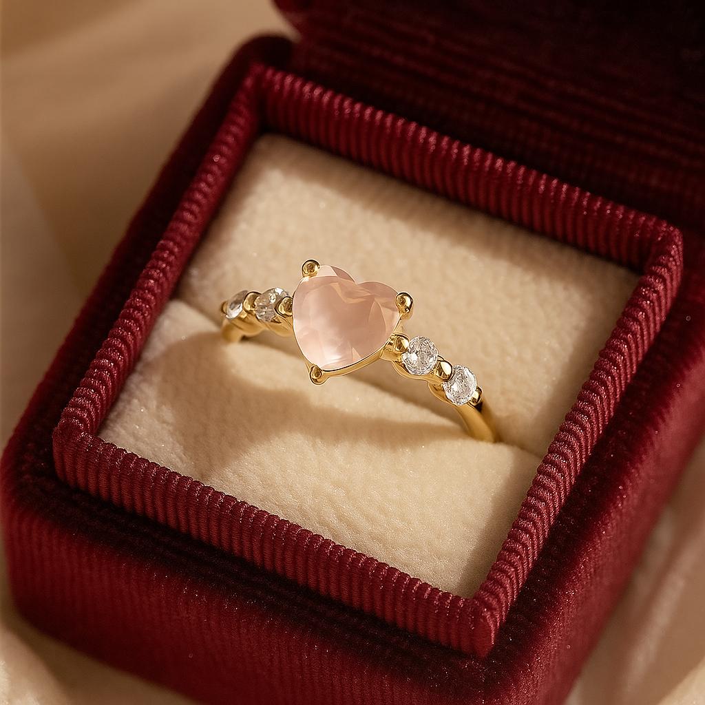 Heart Shape Pink Rose Quartz Stone Gold Plated Ring for Women – Romantic Elegant Jewelry Personalized Rings