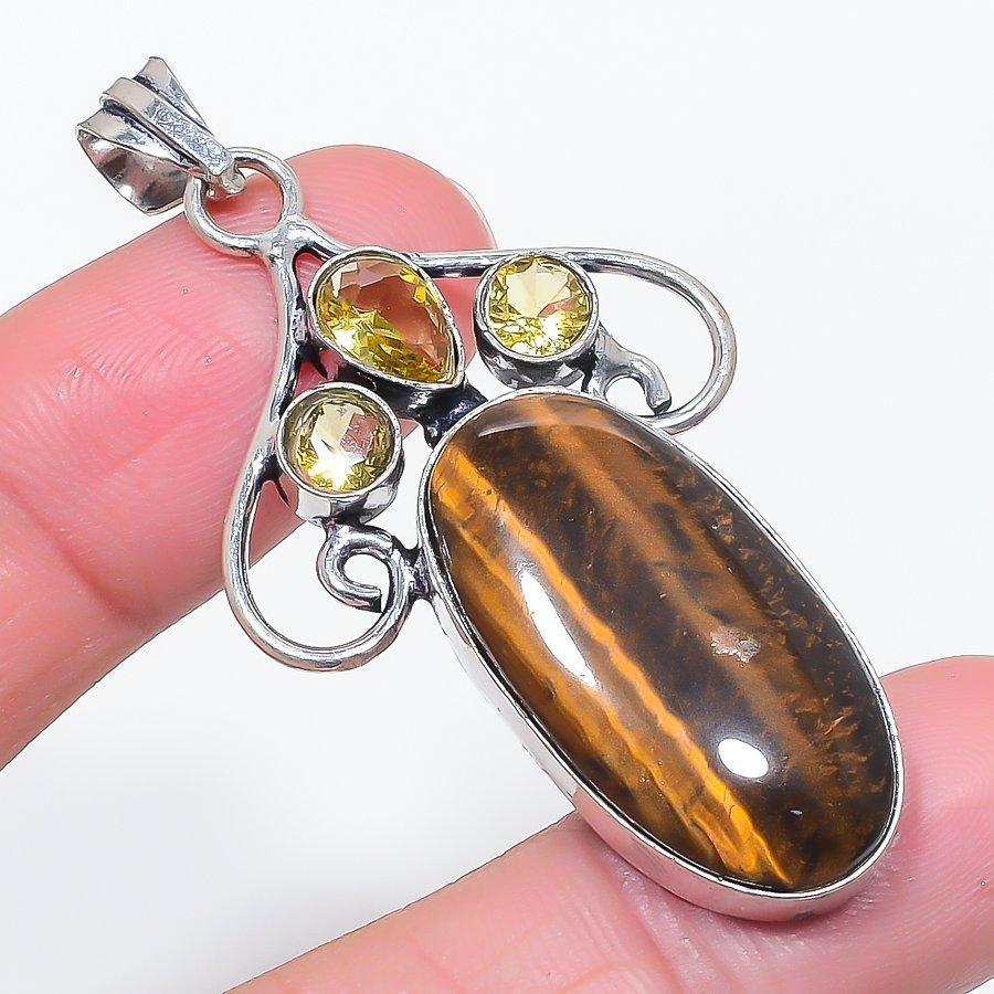 Natural Tiger Eye, Citrine 925 Sterling Silver Jewelry Pendant 2.40" k9Q87