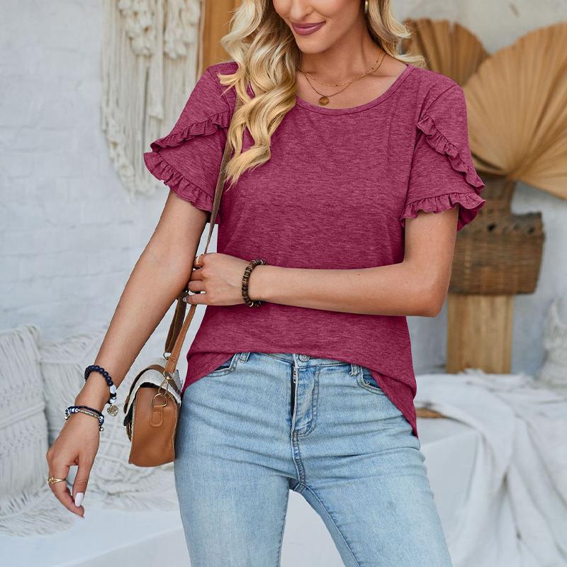 Damen Rundhals-Oberteil Lässiges Patchwork Einfarbiges Lockeres T-Shirt