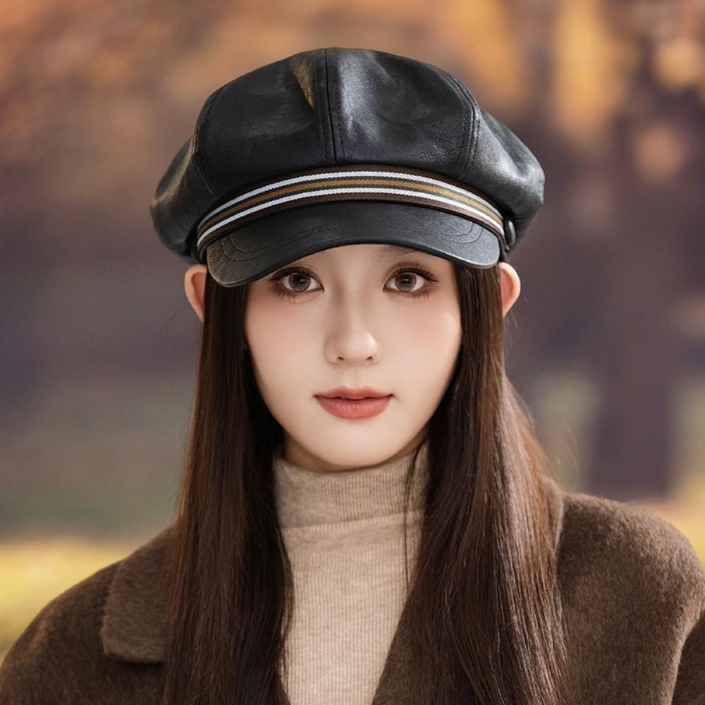 Windproof Octagonal Hat Warm Painter Hat Personality Pu Leather Beret  Autumn