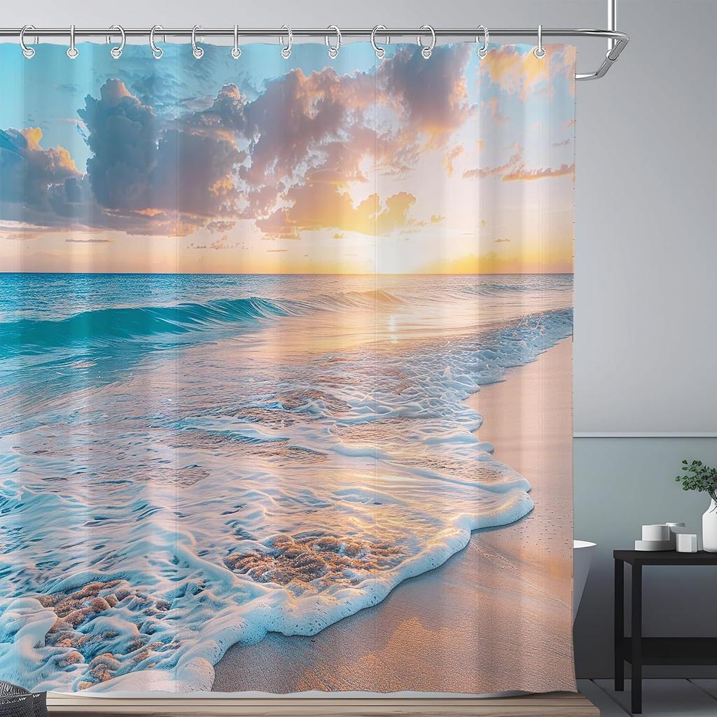 Beach Sunset Shower Curtain Ocean Waves Sky Clouds Tropical Scene Nature Art Bath Decor Waterproof Fabric Home Accessories