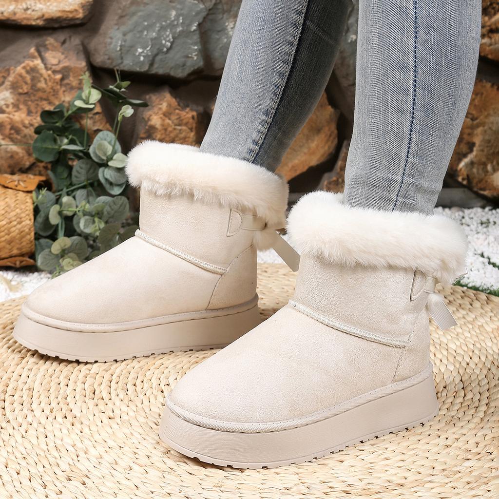 Damskie śniegowce na platformie o szerokiej tęgości, wsuwane botki zimowe z kokardką, pluszowe buty dla kobiet