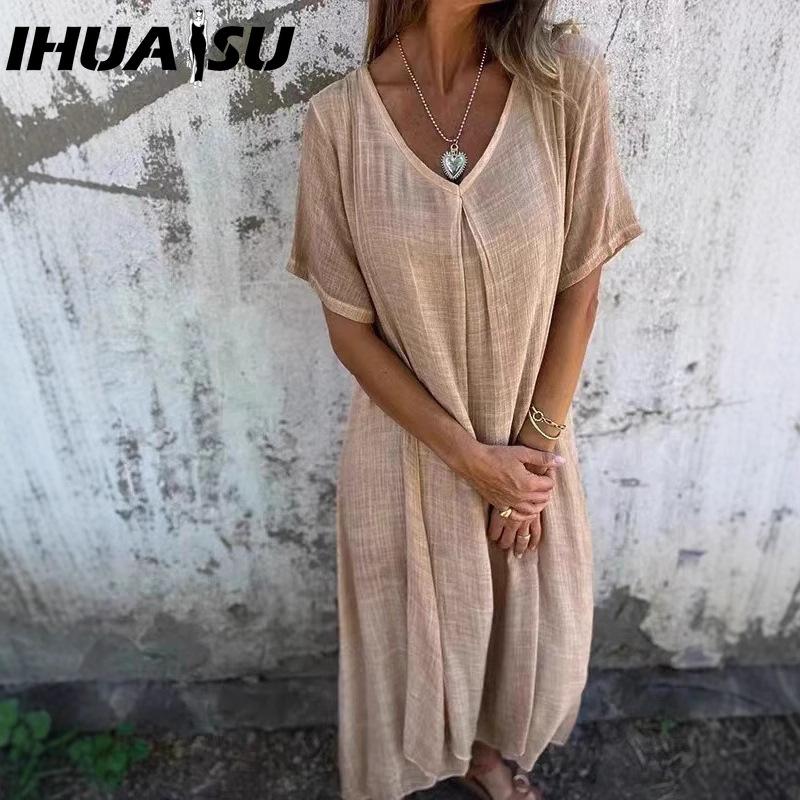 

IHUASU Женские модные летние весенние однотонные повседневные платья с v-образным вырезом и короткими рукавами и высокой талией S темно-синий