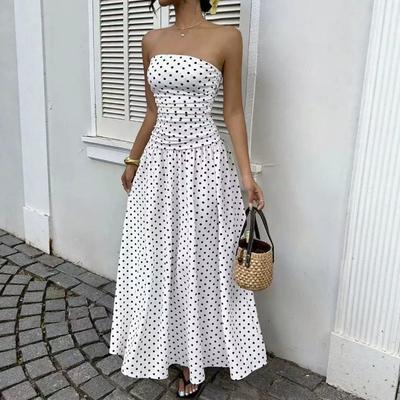 2026 Summer Off Shoulder Polka Dot Dress New Sexy Elegant Strapless Waist-cinching Slim Fit A-line Party Evening Dress Sweet Pleat Fashion Clothing