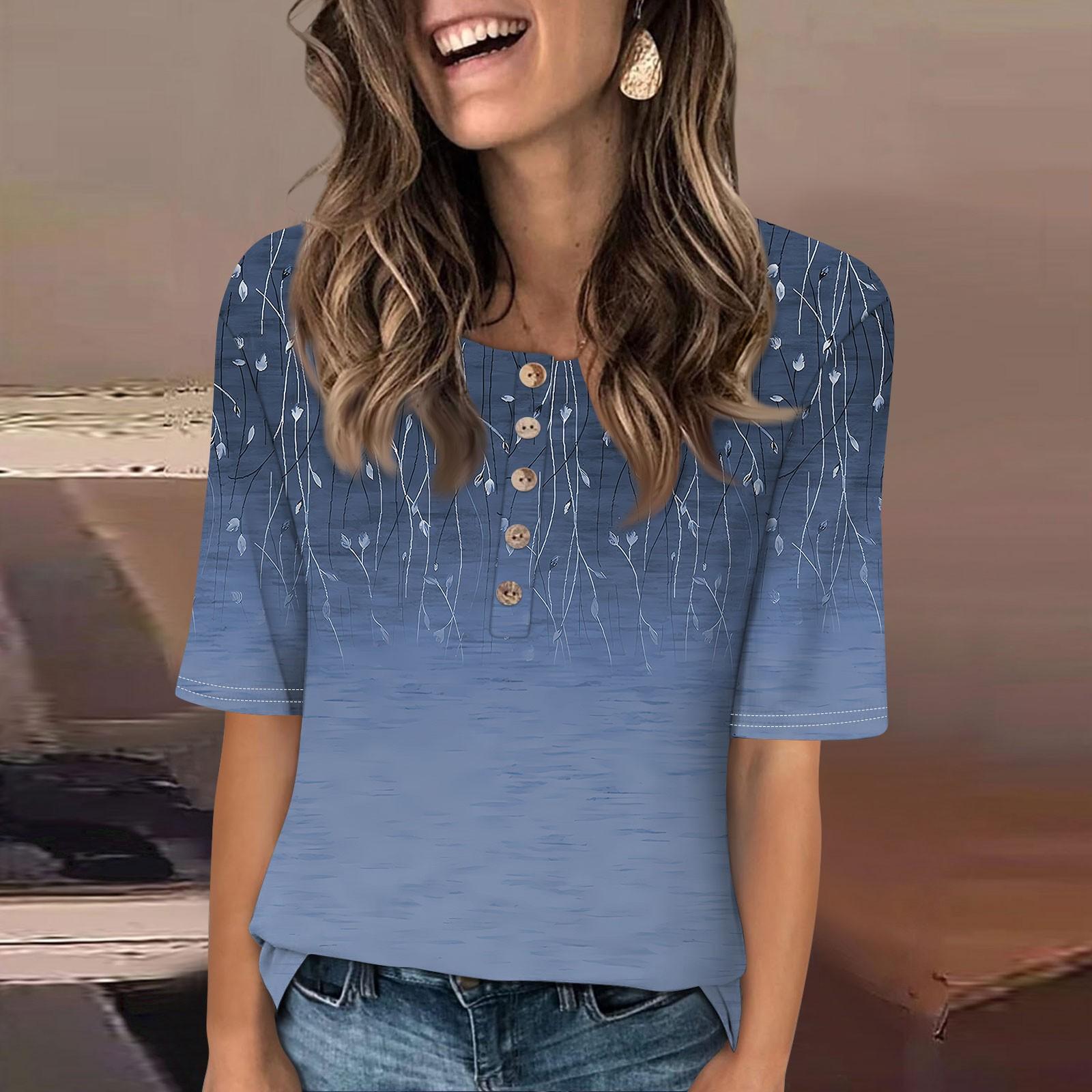 Женский свободный повседневный топ с круглым вырезом и пуговицами с коротким рукавом — фото 4