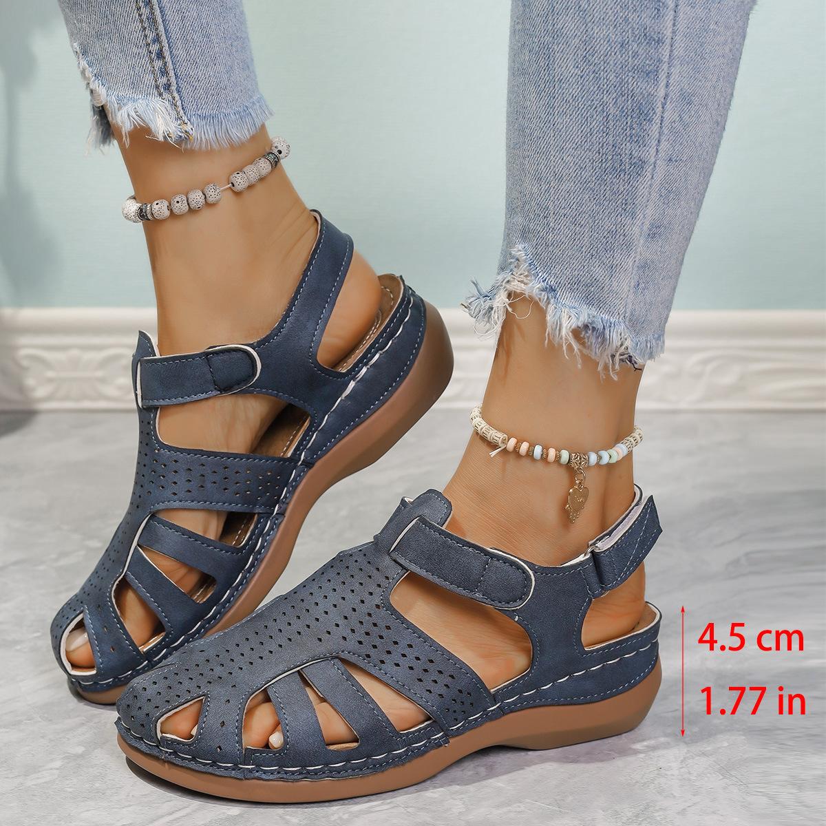 

Новые импортные женские сандалии большого размера в стиле ретро с круглым носком и полым каблуком-танкеткой на липучке, европейские и американские сандалии для женщин 43 синий