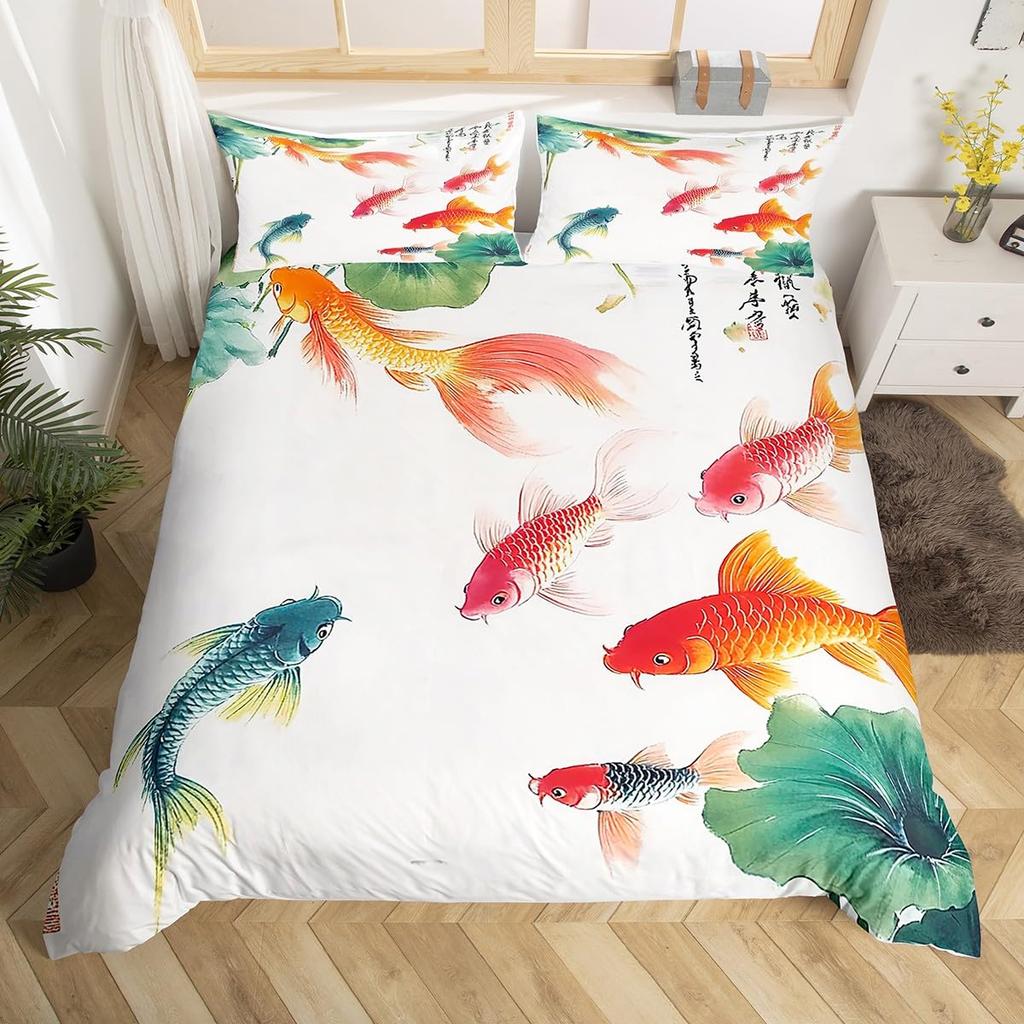 Comforter Japanese Goldfish Fantasy Yin Yang Cherry Blossom Flowers Comforter Set Blue Sea Wave Breathable Bedding
