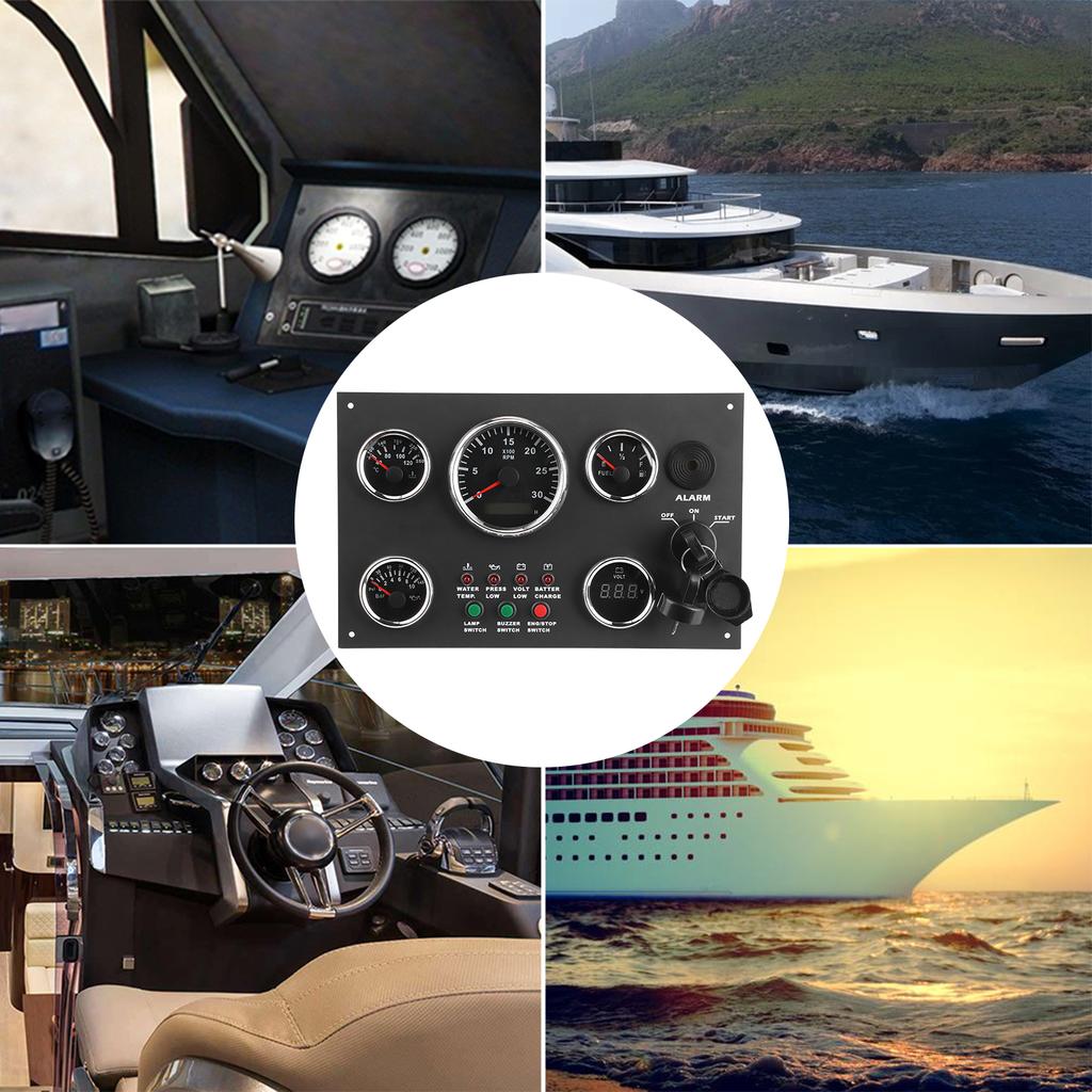 12V/24V Gauge Cluster Oil Pressure Level Water Temperature Voltage Display with Ignition Keys Oil Pressure Gauge Yacht Voltmeter