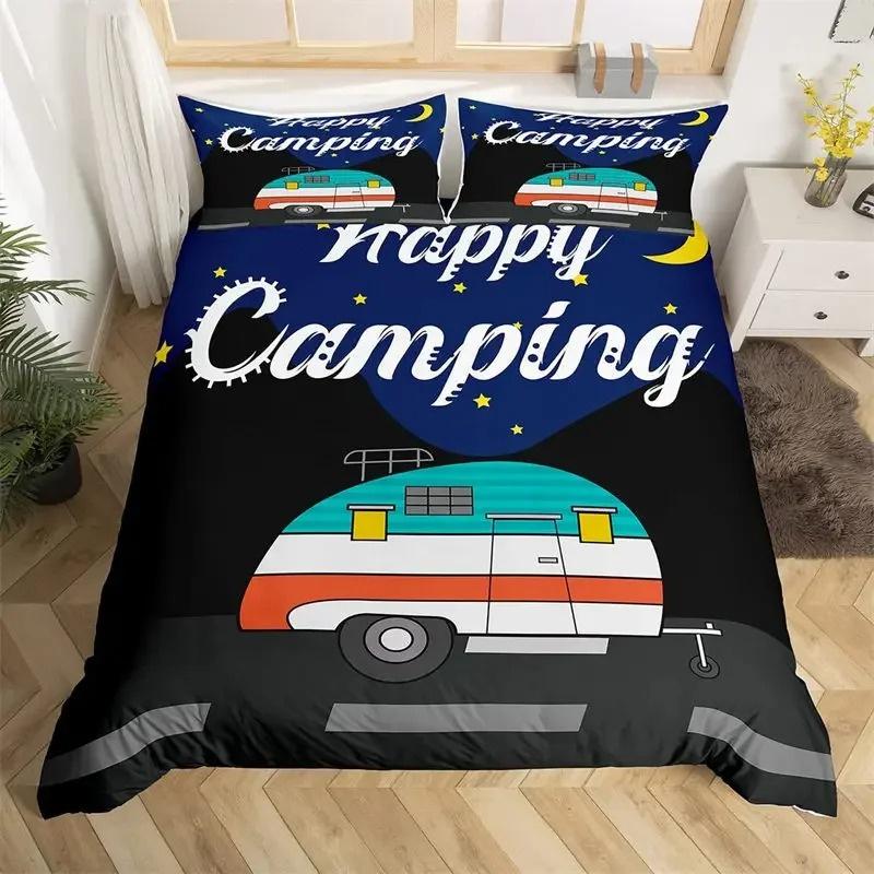 God camping Dynetrekk Queen Tegneserie Campingvogn Campingsengesett Gårdshusstil 3D Bobil Dynetrekk med putetrekk