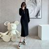 Women's European-Style Grey Hooded Sweatshirt Dress - Textured, Cinched Waist, Slimming, Casual Autumn/Winter Wear