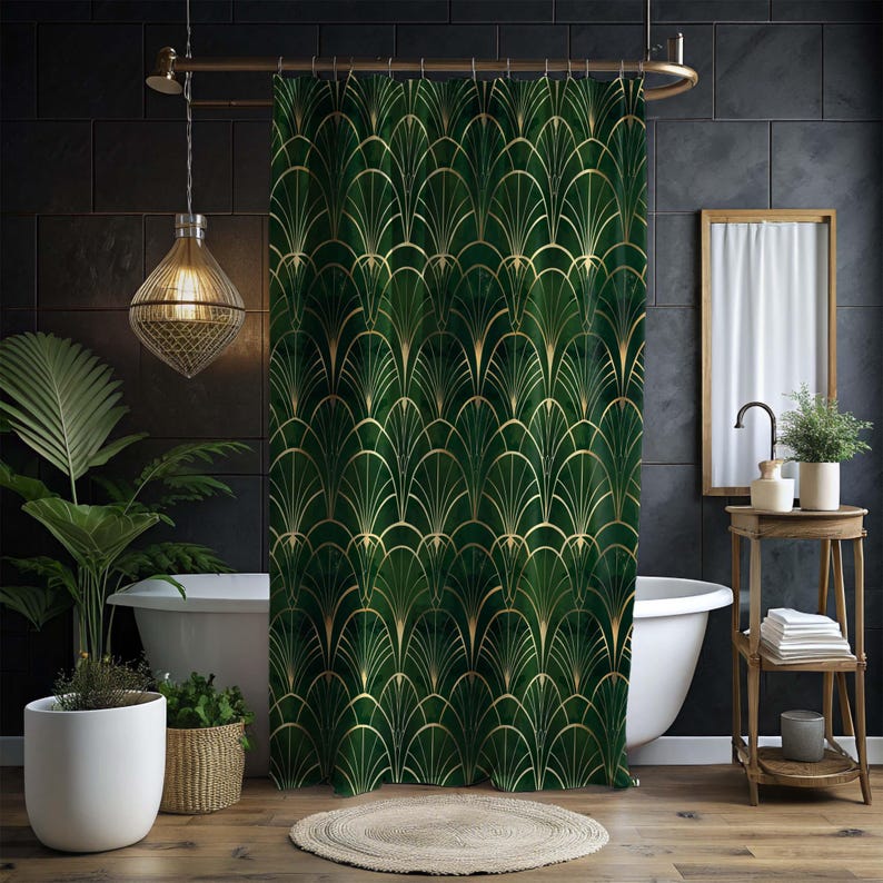 

Geometric Shower Curtain - Gold Modern Abstract Design, Green, Art Deco, Home Decor, 70.8x70.8 , House Warming Gift W90XH180cm