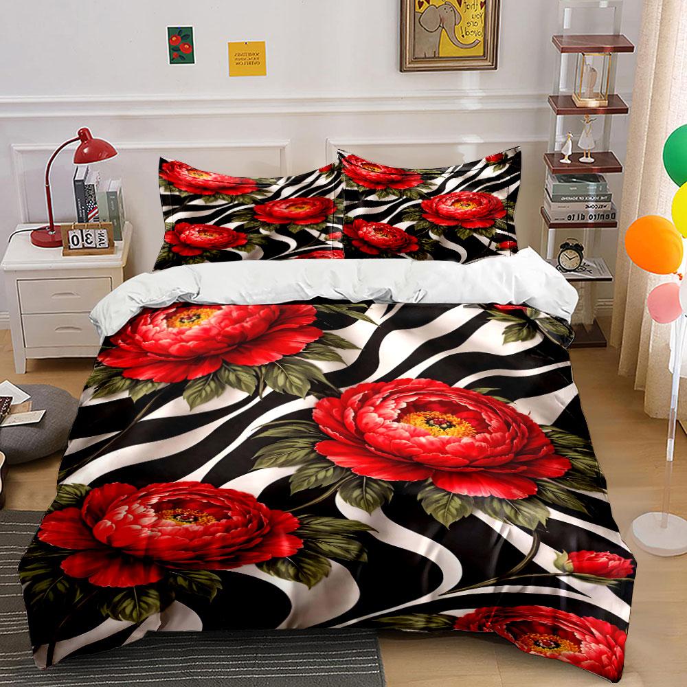 

Red peonies, zebra stripes. Bedding sets Duvet cover sets Duvet covers Pillowcases(1 * Duvet Cover 2 * Pillowcases, without duvet insert) 135x200cm