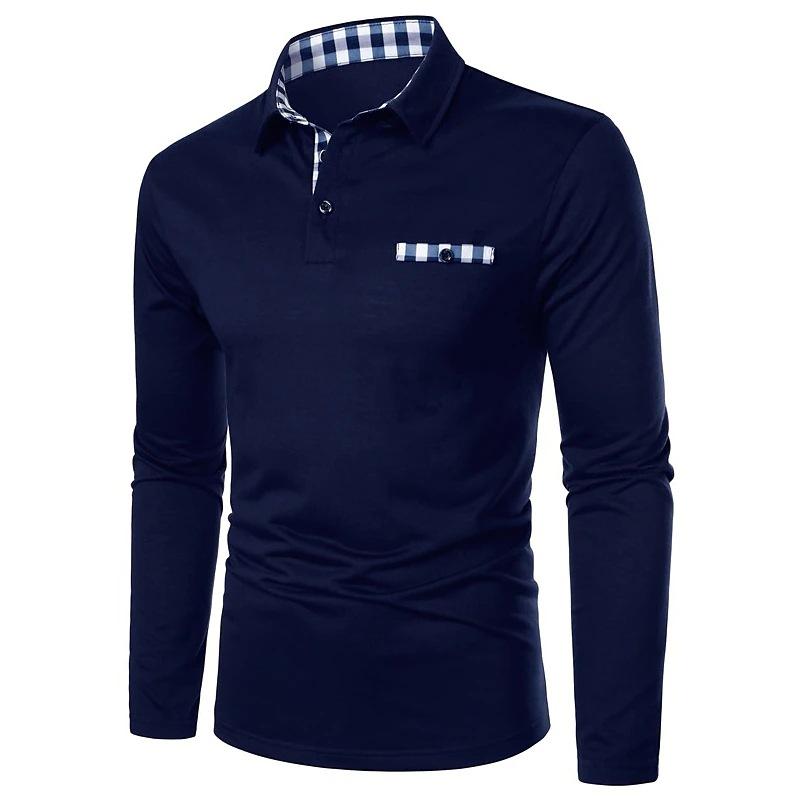 Long Sleeve Lapel Polos Shirts Check Patchwork Tops Men's Casual Spring Autumn Sports Polo Shirt