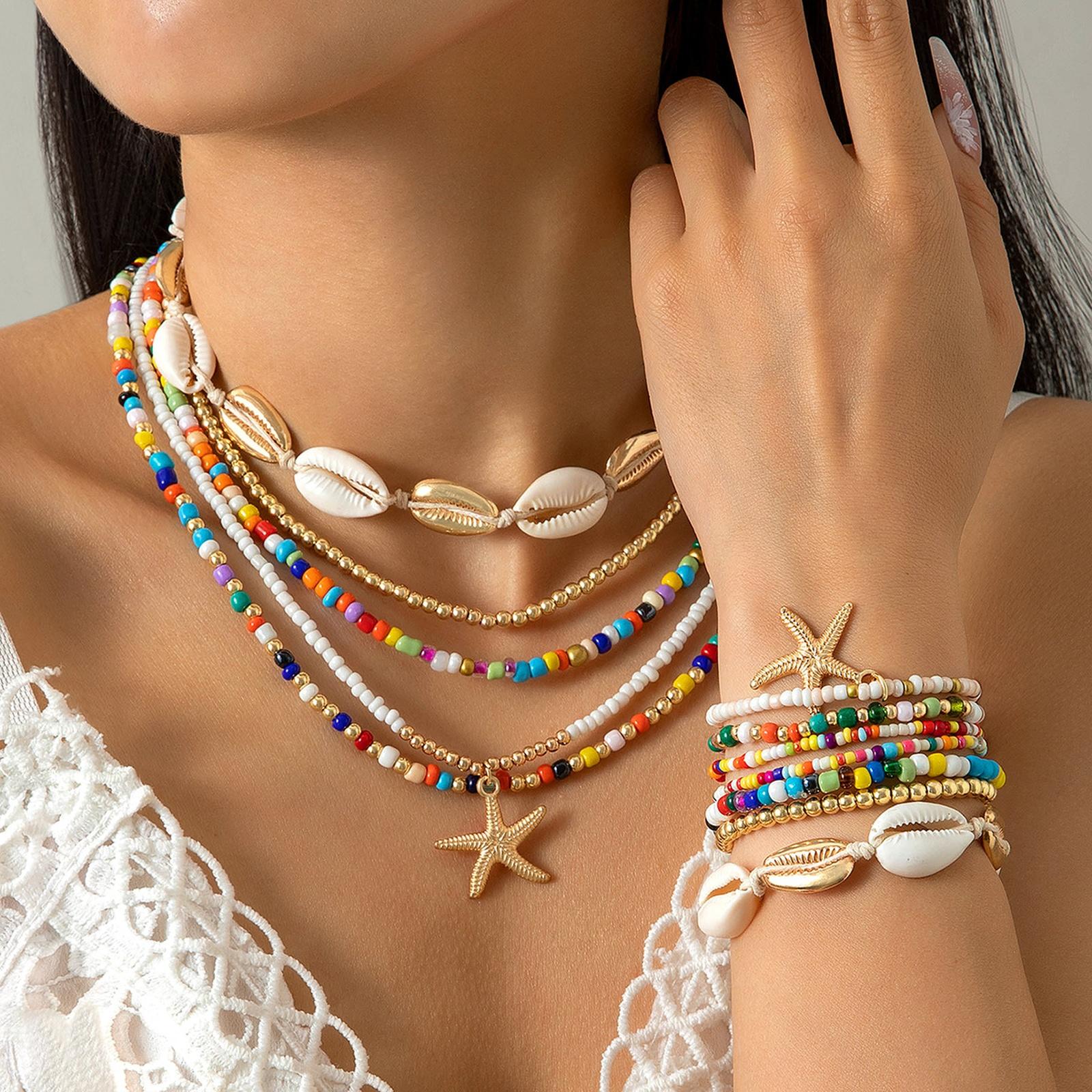 

Bohemian Beaded Woven Bracelet And Necklace Set One Size белый