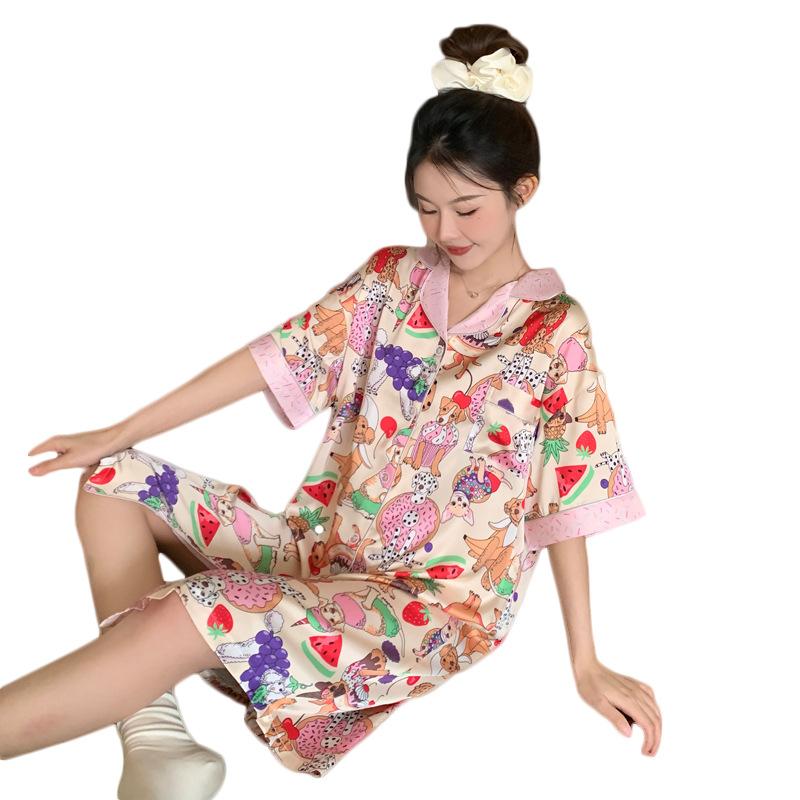 Style Pet Fruit Party Summer Ice Silk Short-Sleeved Shirt Medium And Long Loungewear Nightdress Women