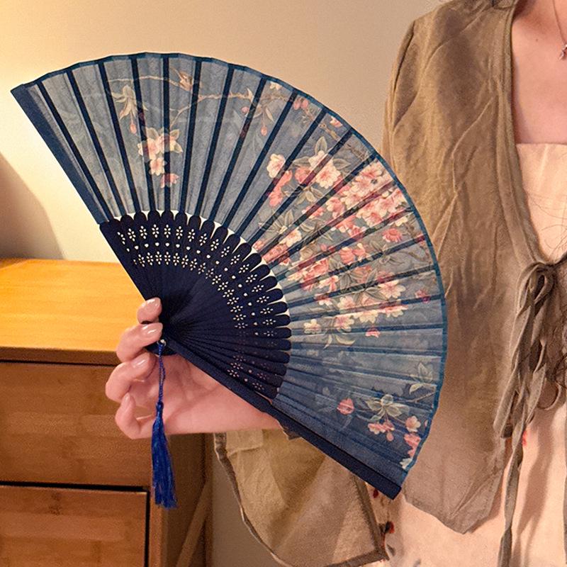 Portable Cheongsam Dance Folding Fan with Tassels: Traditional Summer Bamboo Fan