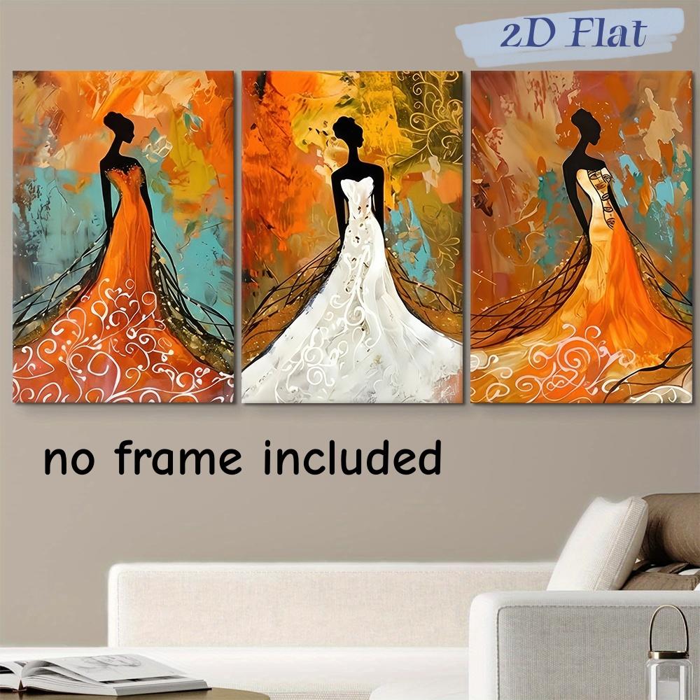 

3-piece modern abstract art canvas painting frameless decoration hanging painting orange long skirt female silhouette living roo (as the picture,20x30cm-3pcs)