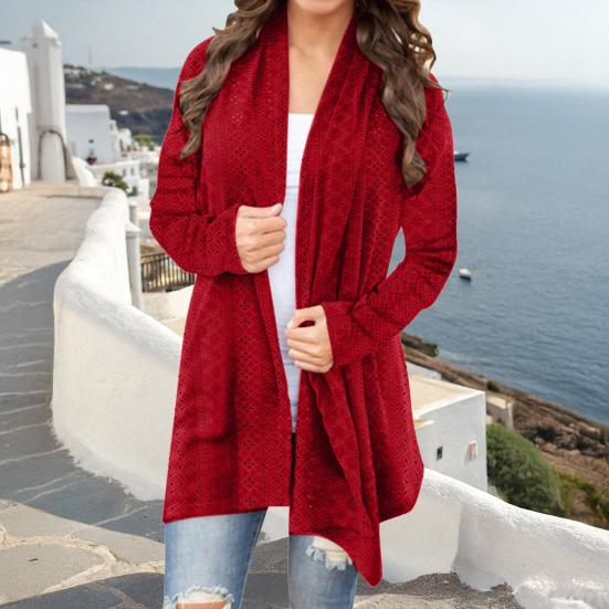 Women's Long Crochet Cardigan Sweater Long Sleeve Open Front Knitted Coat Fall Casual Hollow Eyelet Outwear