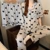 Short-Sleeved Three-Piece Printed Lapel Collar Summer Thin High-End Gray Pajamas Women'S Wrinkled Cloth Loungewear Can Be Worn Outside