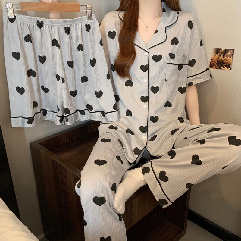 Short-Sleeved Three-Piece Printed Lapel Collar Summer Thin High-End Gray Pajamas Women'S Wrinkled Cloth Loungewear Can Be Worn Outside