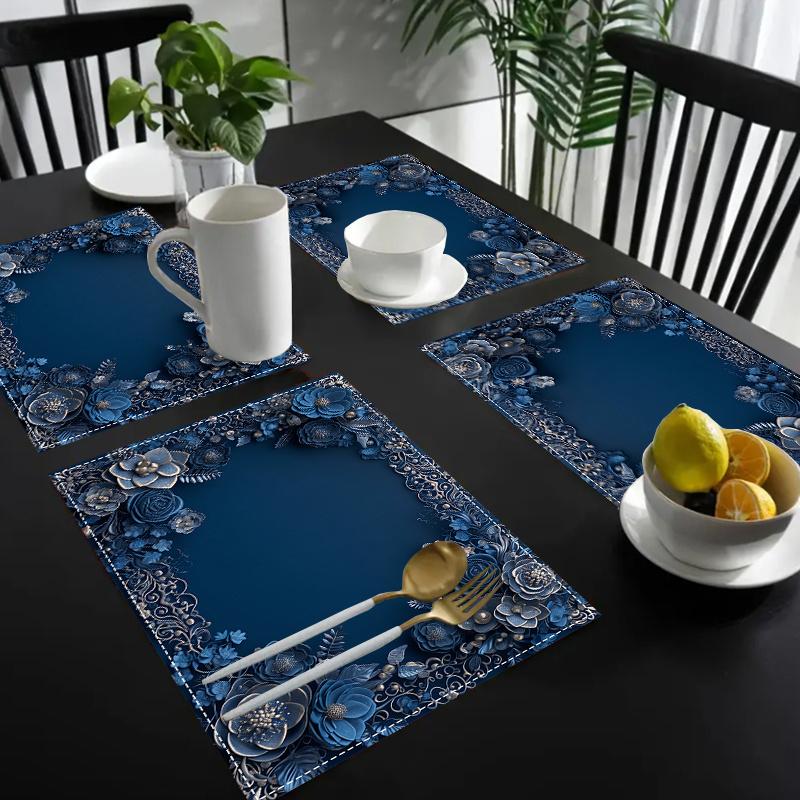 2/4pcs Blue Floral Placemat, 12X18 Inch Polyester Rectangular Table Mat, Machine Washable Woven Dining Decoration for Home Kitchen, Restaurant,