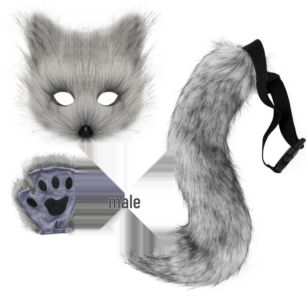 Halloween Beastman Cat-Fox Plush Mask & Gloves Cosplay Set