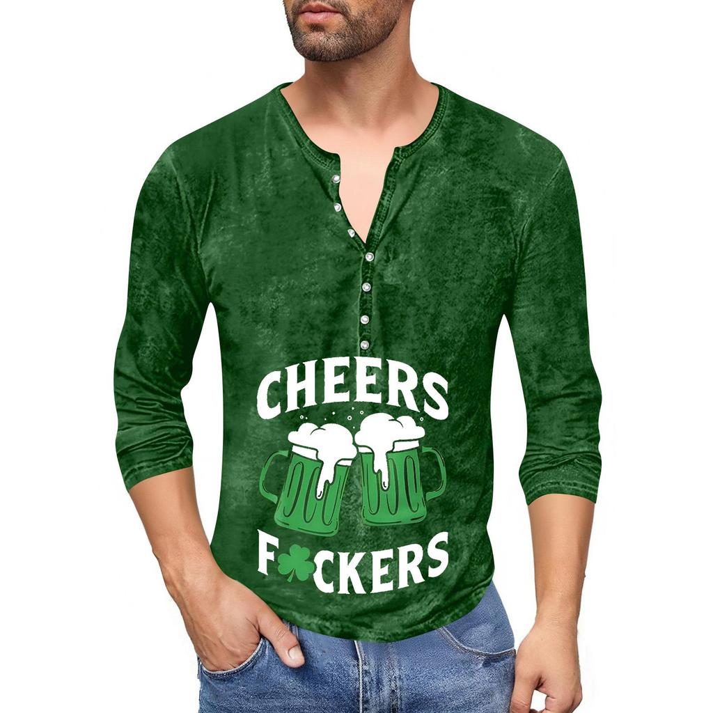 Men'S Printed T-Shirt Outdoor Retro Button Loose Long Sleeve Top